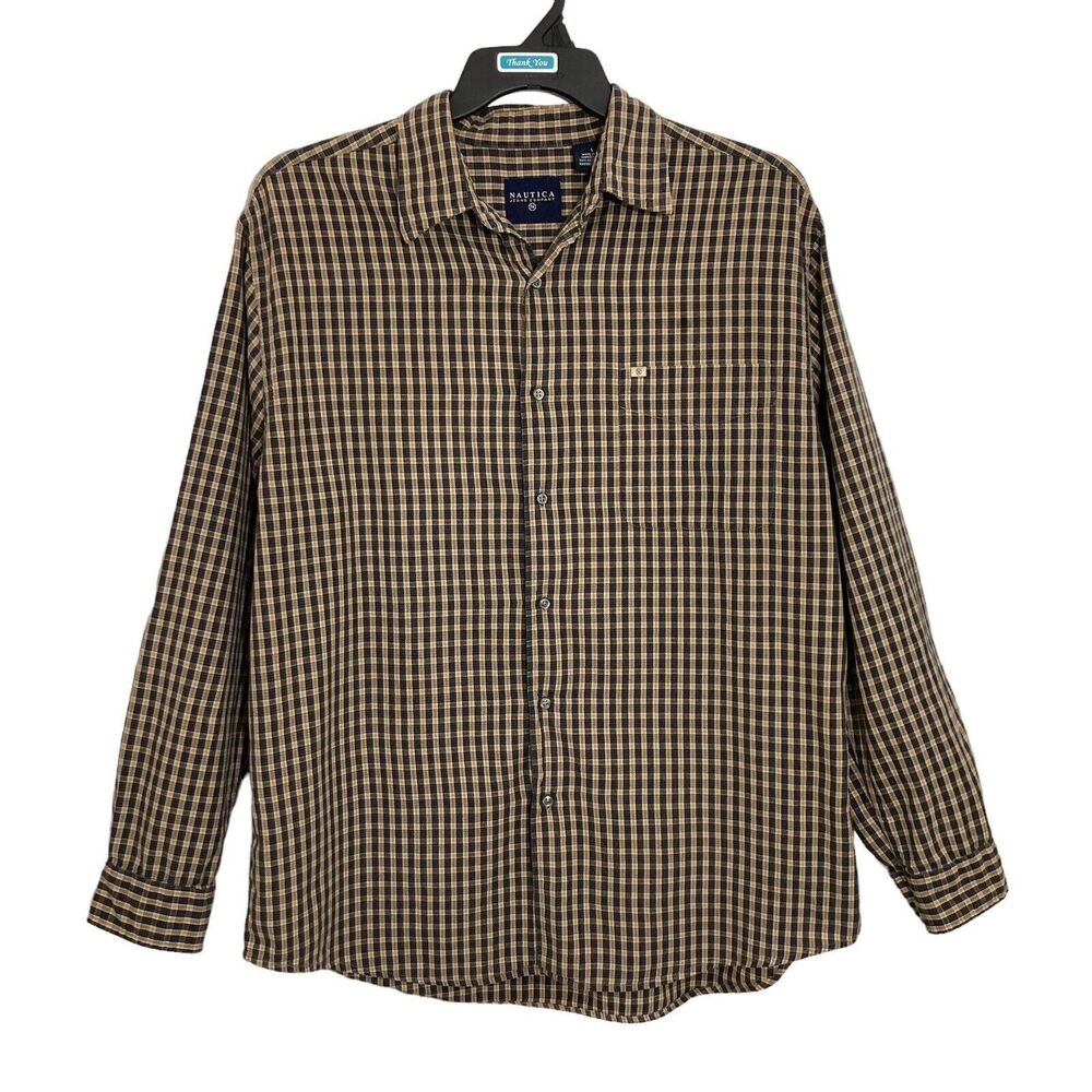 Nautica Button Up Shirt Top Pocket Men's Size Large Long Sleeve Blue Tan Plaid